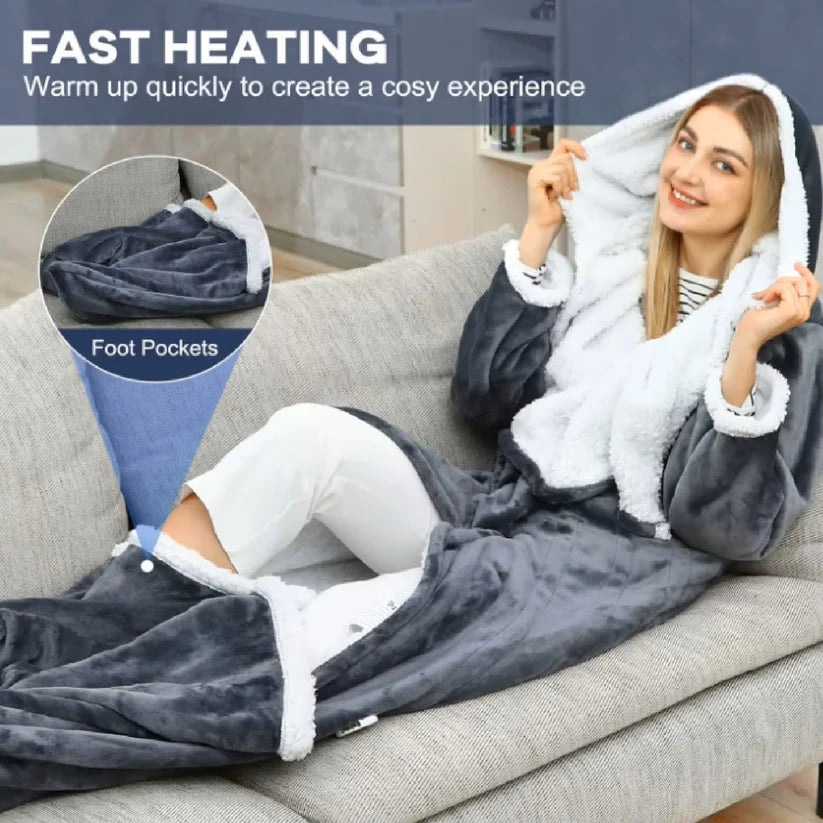 Heated Wearable Blanket with Sleeves & Hood | Flannel